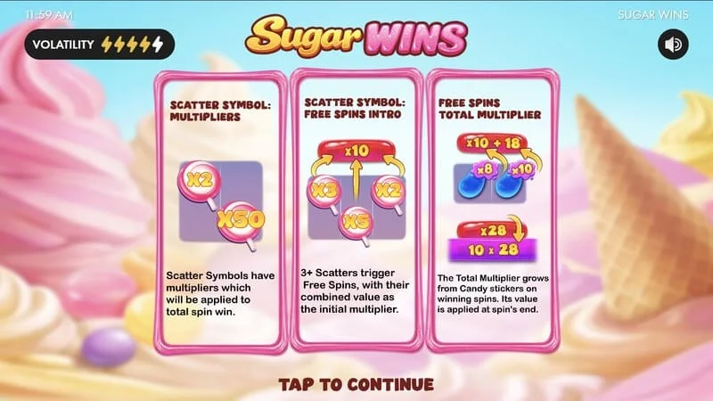 Sugar Wins - menu chính của slot